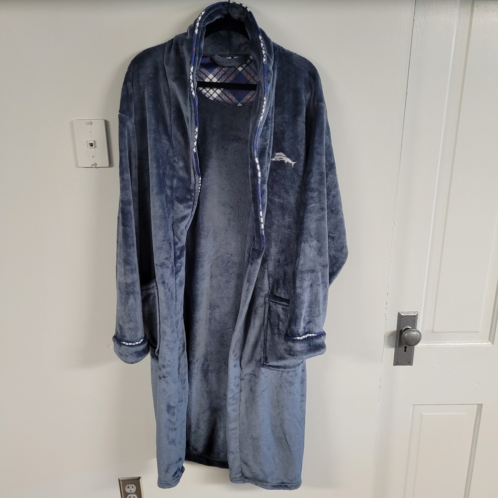 Tommy Bahama‎ Mens Plush Fleece Robe Blue Plaid Trim Marlin Logo L/XL NWOT